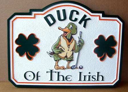E14786 - Irish Golfer Residence Plaque, with Carved Image of Shamrocks and Duck, with Caption "Duck of the Irish" instead of "Luck of the  Irish"