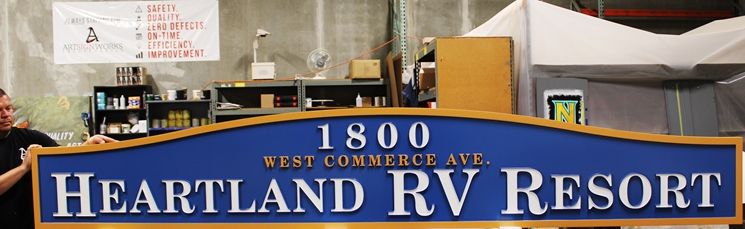 G16301 - Carved HDU Entrance and Address Sign for Highland RV Resort.