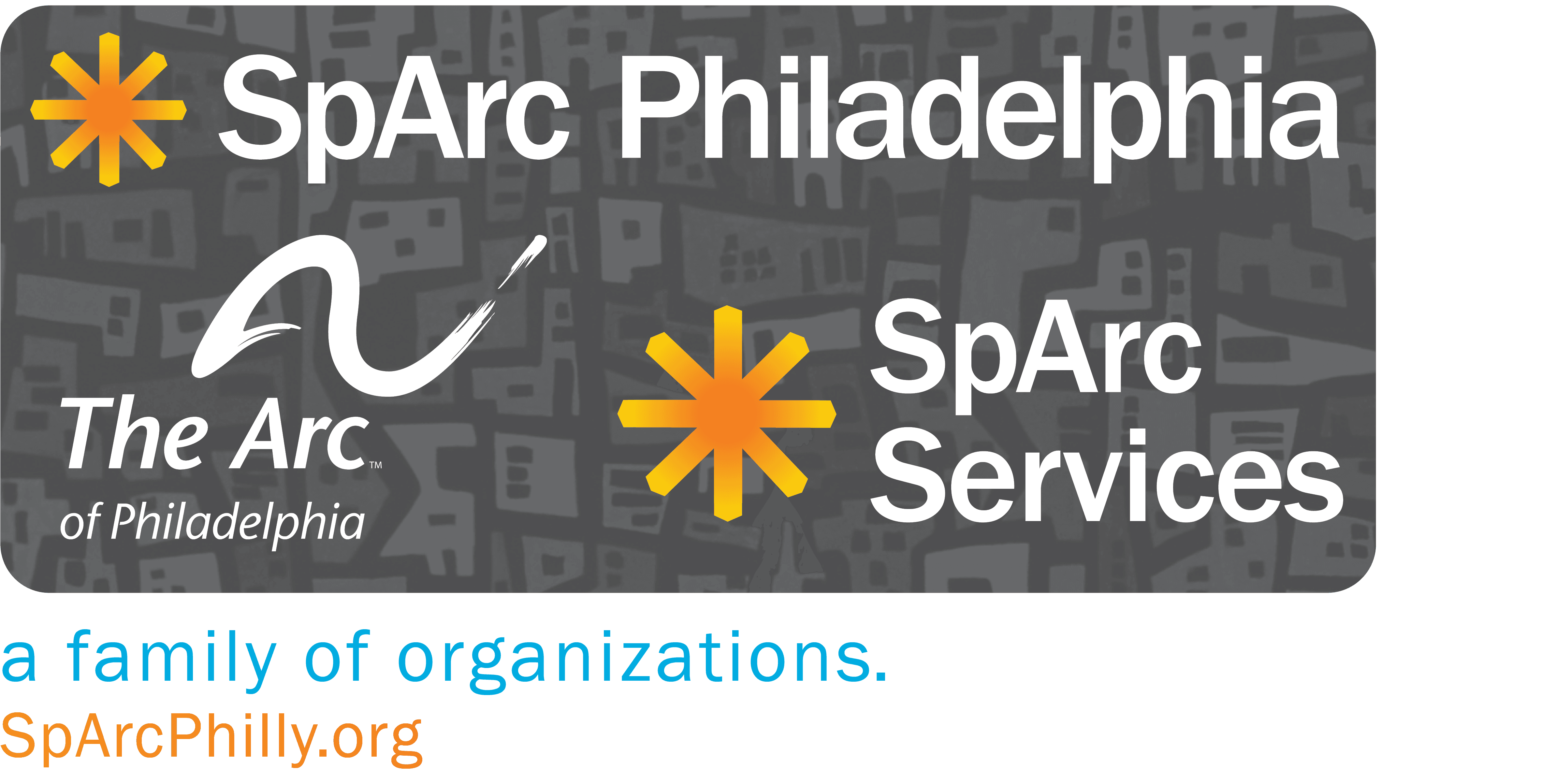 Three organizations logos; SpArc Philadelphia, The Arc of Philadelphia and SpArc Services on a geometric gray background