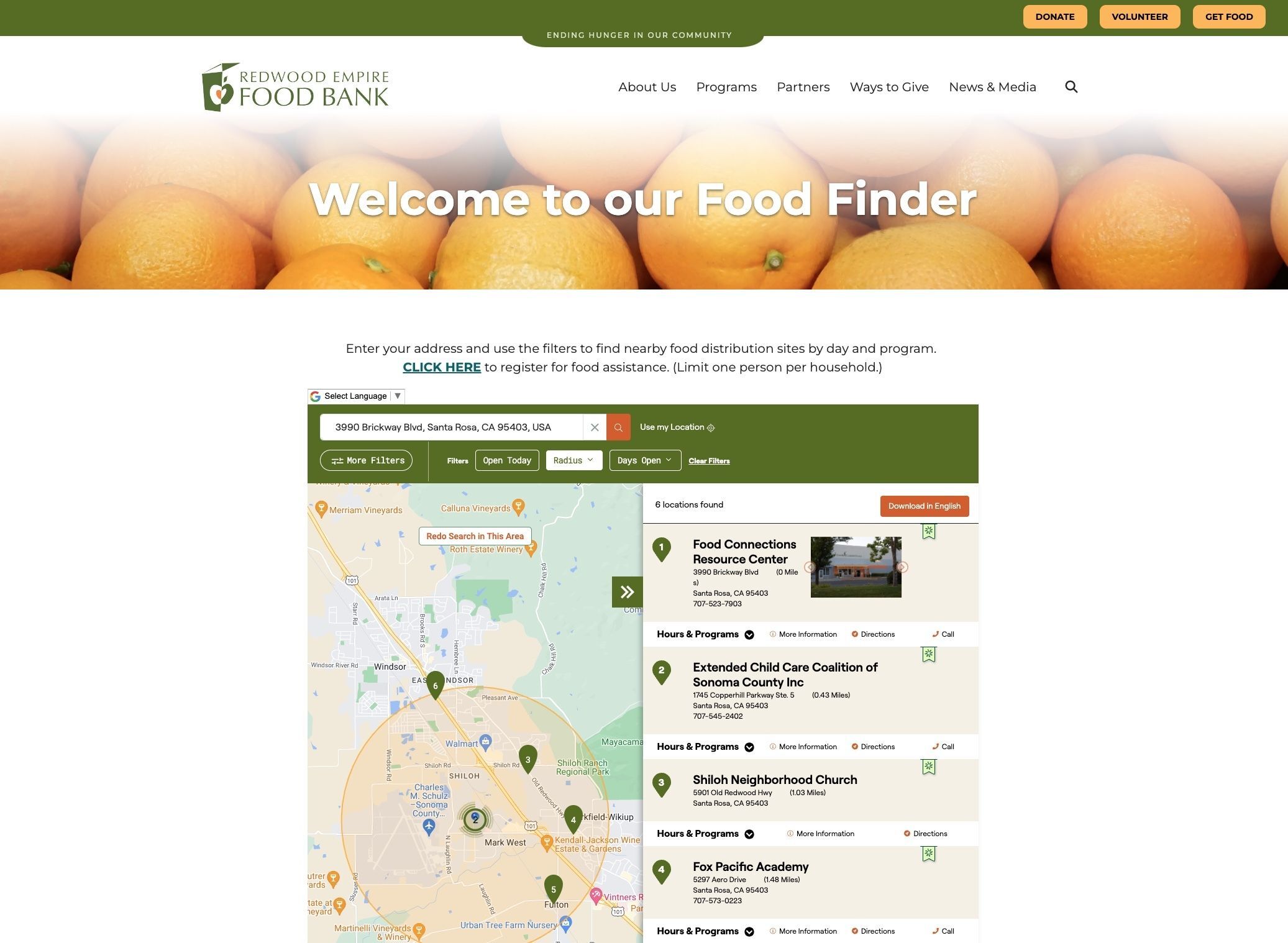 Image of the Get Food site page