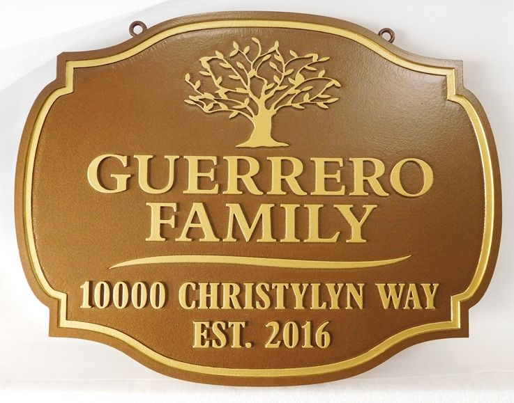I18320 - Carved 2.5-D Property Address  Sign, for an Residence ("Guerrero Family"), with Stylized Tree as Artwork 