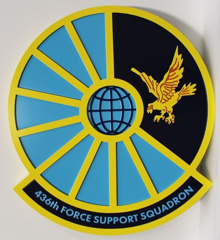 LP-7590 - Carved 2.5-D Multi-Level Raised Relief HDU Plaque of the Crest of the 436th Force Support Squadron 