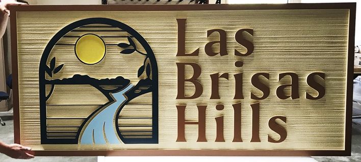 K20190 - Carved HDU Entrance Sign  for "Las Brisas Hills" Residential Community, with Wood Grain Sandblasted Background