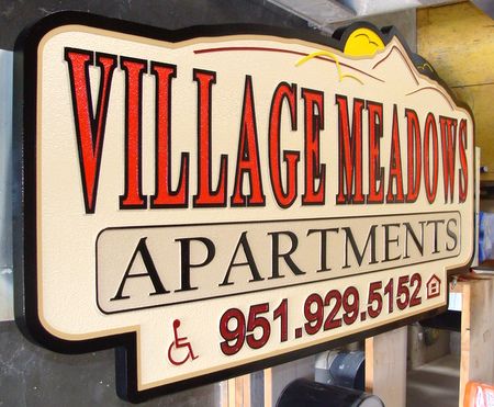 K20138 - Large Sandblasted "VIllage Meadows" Apartment Entrance Sign, Side View