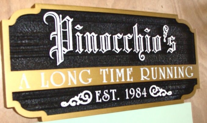 RB27110 - Carved Wood Wall Sign for"Pinocchio's  Bar" with Raised & Engraved Text