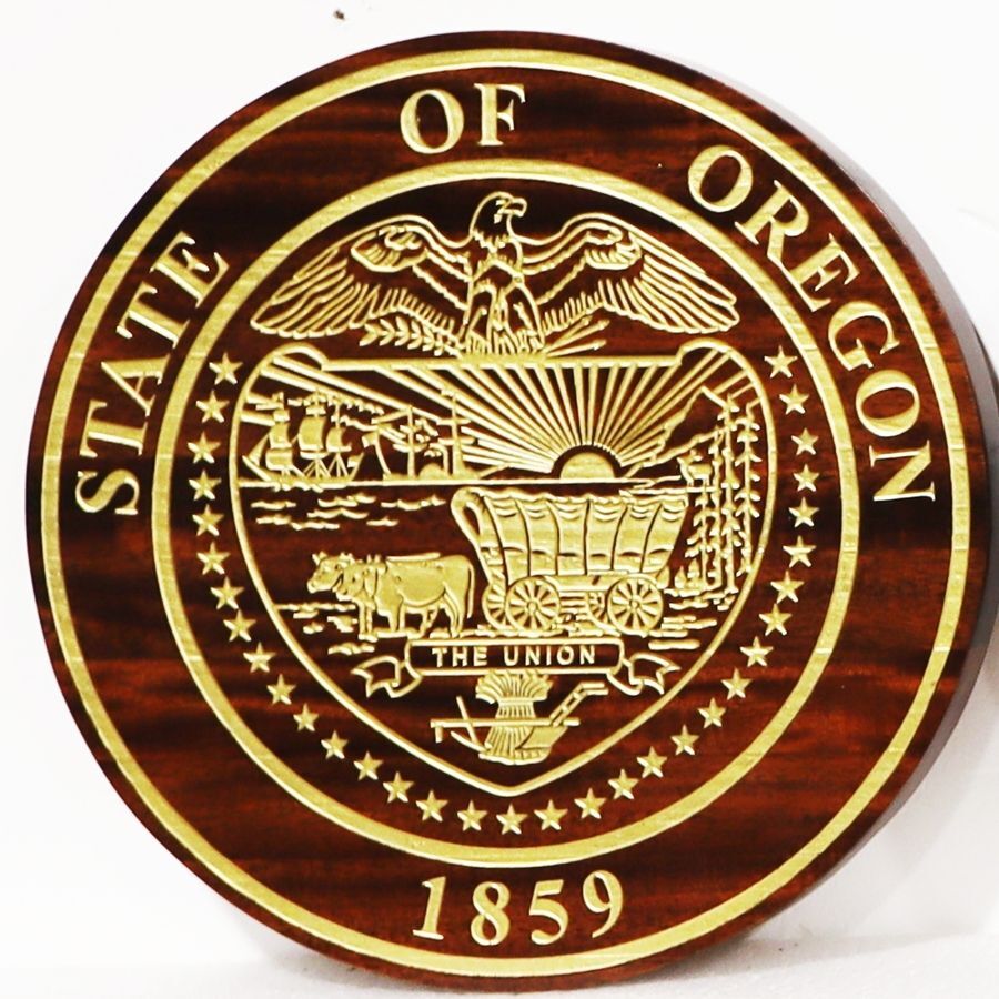 BP-1465- Engraved  Mahogany Wood Plaque of the Great Seal of the State of Oregon, with Light Brass Painted Engraved Areas