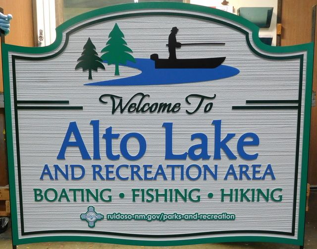 G16320 - Carved HDU Welcome Sign to Lake Recreation Area for Boating, Fishing, Hiking