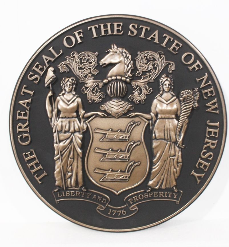 BP-1354 - Carved 3-D Bas-Relief Bronze-Plated HDU Plaque of the Great Seal of the State of New Jersey 