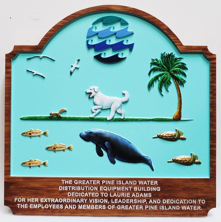 L21400 - Carved 3D Bas-Relief Commercial Sign for a Water Company, with a  Dog, Sea Turtles, a Manatee and Seagulls as Artwork 