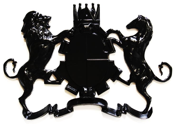 XP-1275 - Carved Coat-of-Arms Sculpture featuring a Rampant Lion, a Rampant Horse, and a Crown