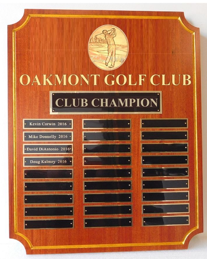 SB1228 - Oakmont Golf Club  Plaque  for Club Champions , Carved from African Mahogany with 24K Gold-leaf Gilded Logo