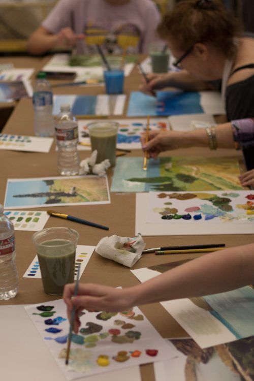 Adults painting with watercolors 