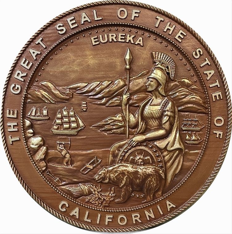 BP-1036 - Carved 3-D Mahogany Wood Plaque of the Seal of the State of California 