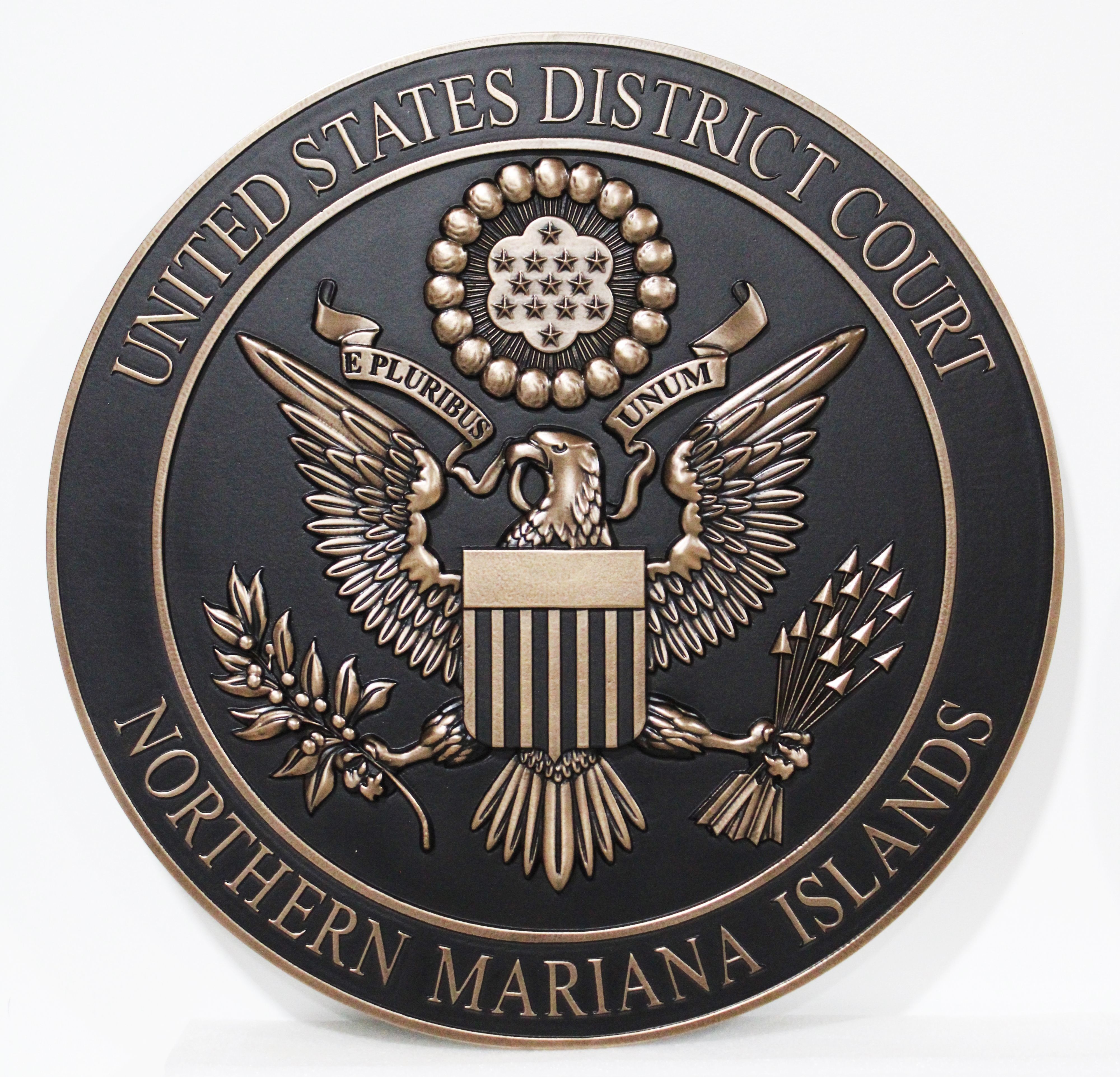 FP-1392- Carved 3-D Bronze-Plated HDU Plaque of the Seal of the United States District Court, Northern Mariana Islands