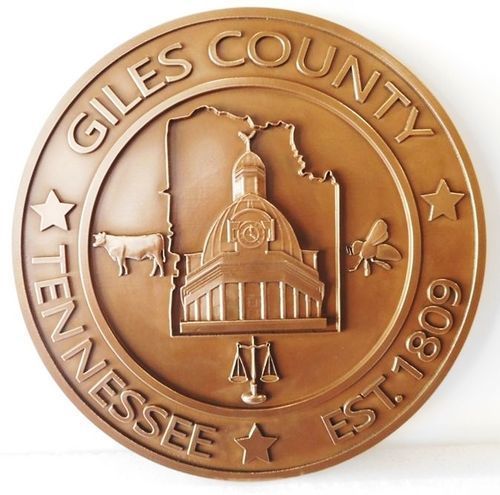 CP-1230 - Carved Plaque of the Seal of Giles County,Tennessee, 3-D Relief, Bronze-Plated