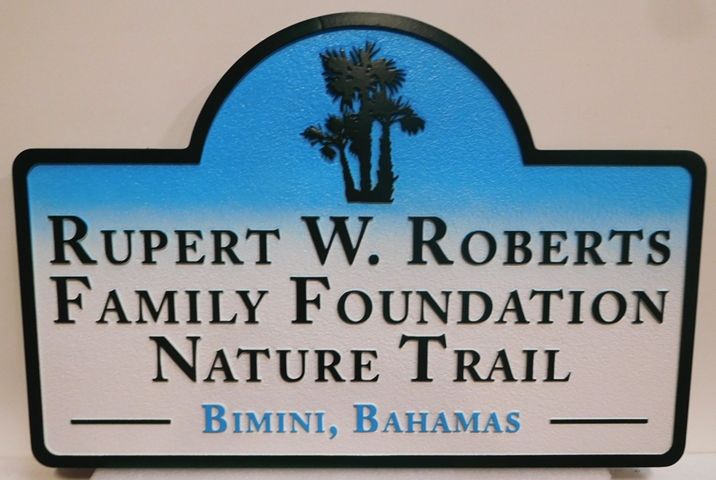 G16101 -  Carved Trail Sign for the "Rupert W. Roberts Family Foundation Nature Trail" in Bahamas, with Palmetto Trees