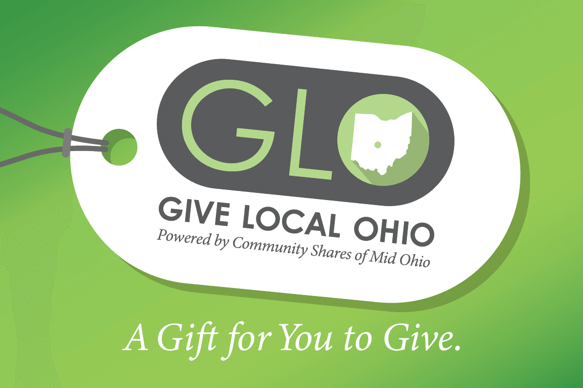 Gift Tag with white background showing GLO in green letters on a charcoal elipse. The text reads Give Local Ohio powered by Community Shares of Mid Ohio. A gift for You to Give.