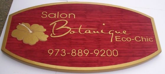 SA28429 - Carved  Sign for Salon Botanique Eco-Chic, with Plumeria Flower as Artwork.