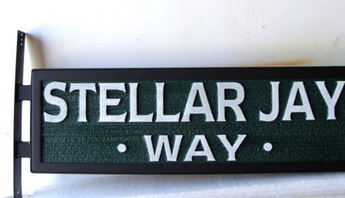 M1939 - Sandblasted  Faux Wood Street Sign for Stellar Jay Way, with Post Bracket