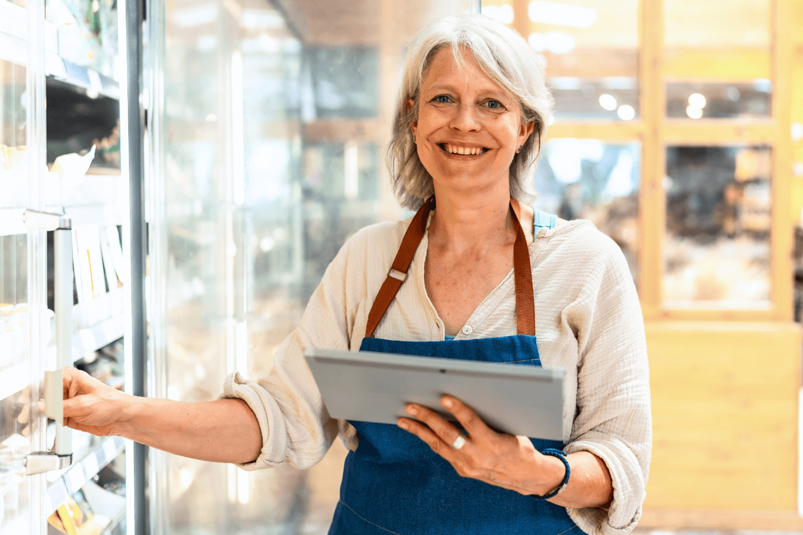 Middle age woman with short grey hair and a blue apron smiles as she shelves products at her grocery store job