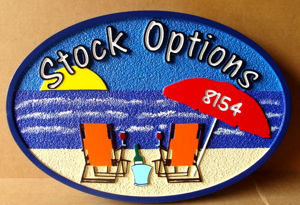 L21012– Carved  Beach House Address Sign, ”Stock Options” with Two Beach Chairs