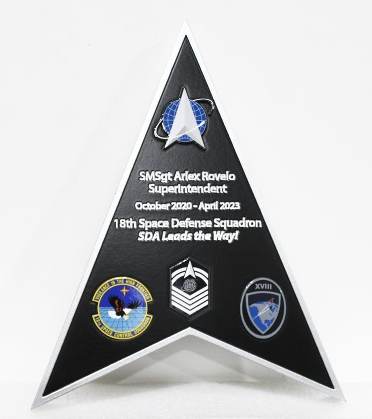 LP-1223 - Carved 2.5-D Raised Relief Aluminum-Plated HDU 18th Space Division Squadron Plaque, US Space Force, Personalized for a  SMSgt