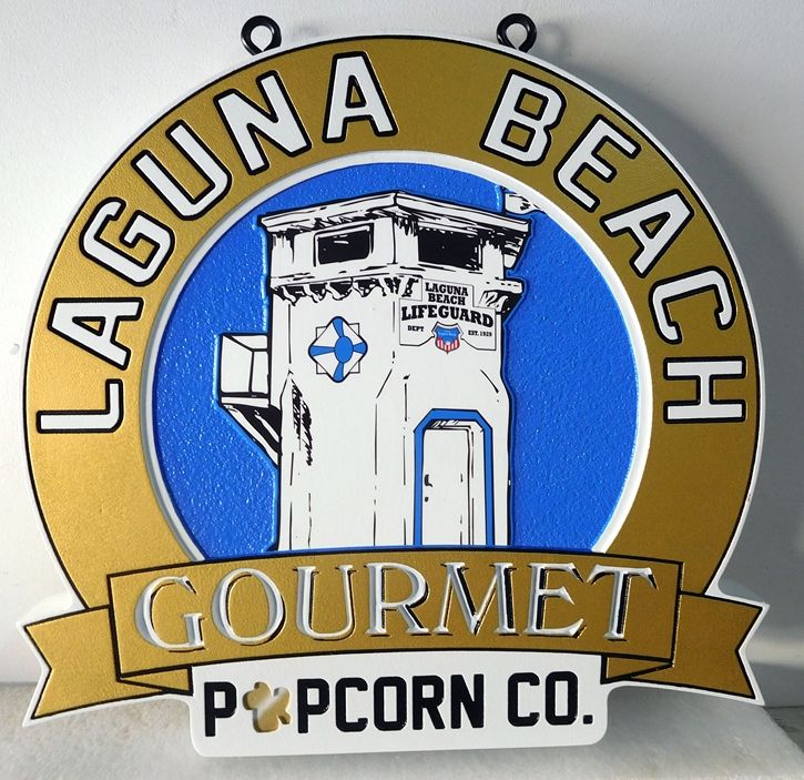 L22330- Carved and Engraved HDU sign for the "Laguna Beach Gourmet Popcorn Company" 