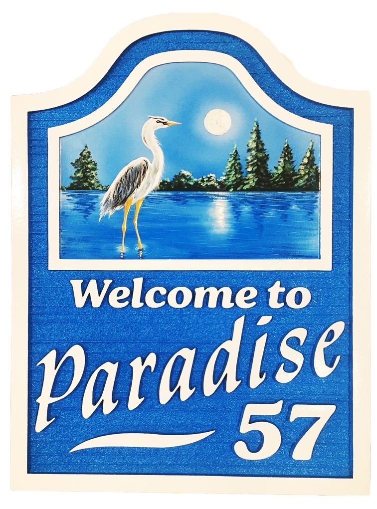 M22700 -  Carved 2.5-D HDU Address Number and Property Name Sign "Welcome to Paradise" , featuring a Crane wading in a Lake with Trees as Artwork