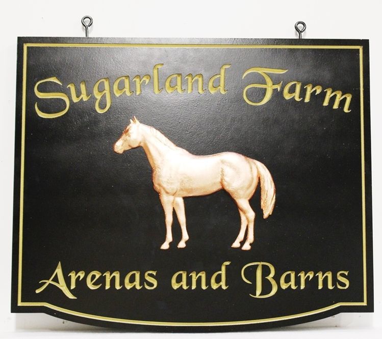 P25243 - Elegant Hanging  Address and Entrance Sign for "Sugarland Farm", with  a 3-D bas-relief Carving of a Standing Horse