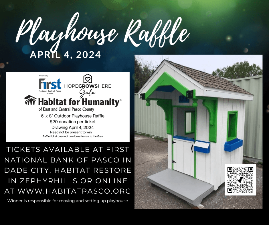 Buy tickets online here or in person at First National Bank of Pasco County in Dade City or the Habitat ReStore in Zephyrhills