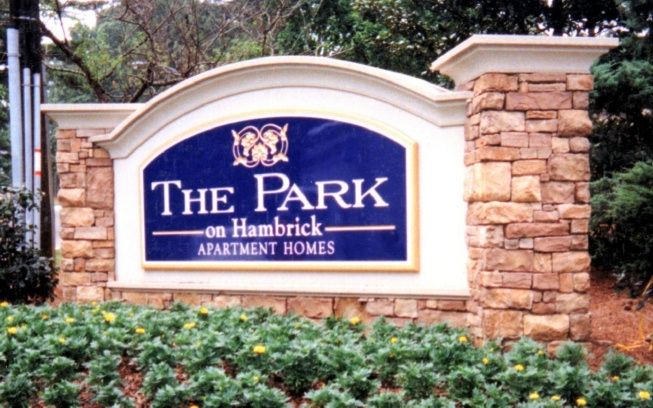 K20063 -EPS Monument Sign for "The Park" Apartment Homes, Real Stone Sign Base and Pillars  