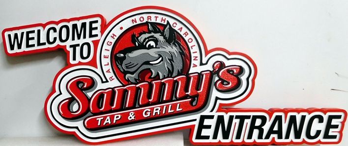 RB27101 - Carved Entrance Sign to "Sammy's Bar & Grill", with Head of Cartoon Wolf as Artwork 