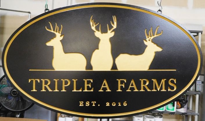 O24559  -  Carved, Sandblasted Farm Sign with Engraved Deer, Gold-Leaf Text and Borders