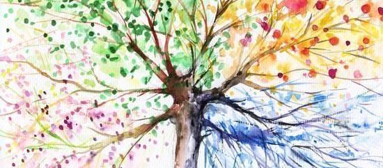 Watercolor painting of a tree with a rainbow of colored leaves 