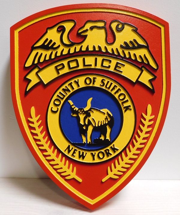 PP-2110 - Carved Plaque of the Shoulder Patch of the Police of the County of Suffolk, New York -2.5-D, Artist-Painted 