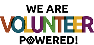 Reads We Are Volunteer Powered with a gear graphic