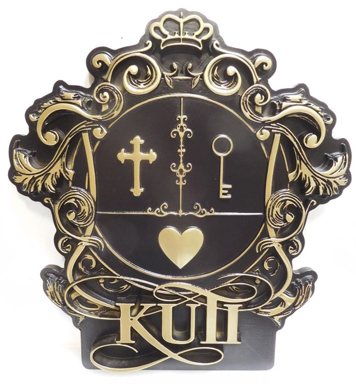 XP-1052 - Carved Plaque of Coat-of-Arms with Crown, Cross, Key, Heart, Flourishes, and Monogram, Black & Gold, for the Kuti Family 
