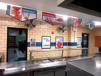 School café serving line with 4 food banners hanging above, school banners, signage company