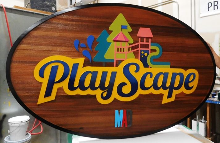 GA16457 - Large Carved Redwood  Entrance Sign for PlayScape, with a Children's Play Structure and Trees as Artwork
