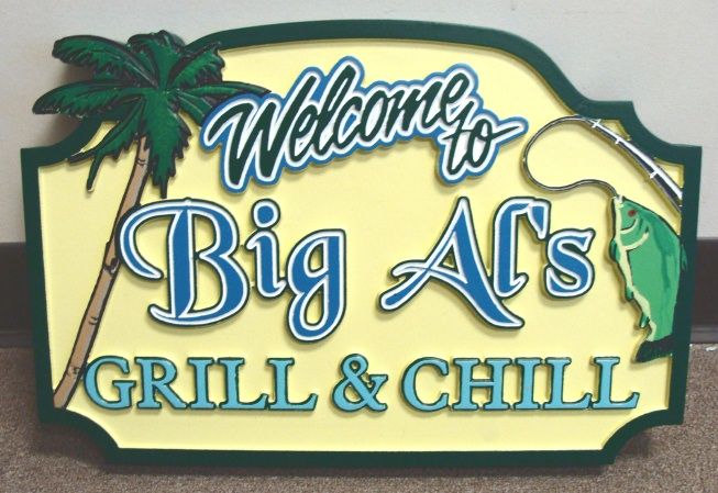 RB27215 - Tropical Bar and Grill Sign with Fish & Palm Tree