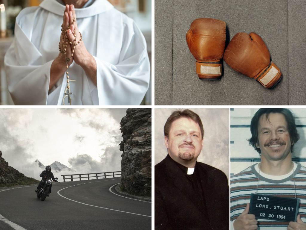 Collage of Father Stu clergy photo motorcycle photo Mark Wahlberg playing Father Stu in the movie and boxing gloves
