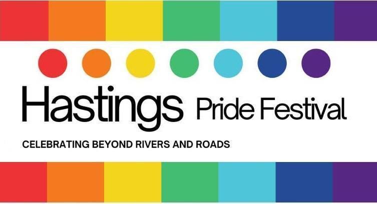 Graphic with rainbow colors and text hastings pride festival celebrating beyond rivers and roads