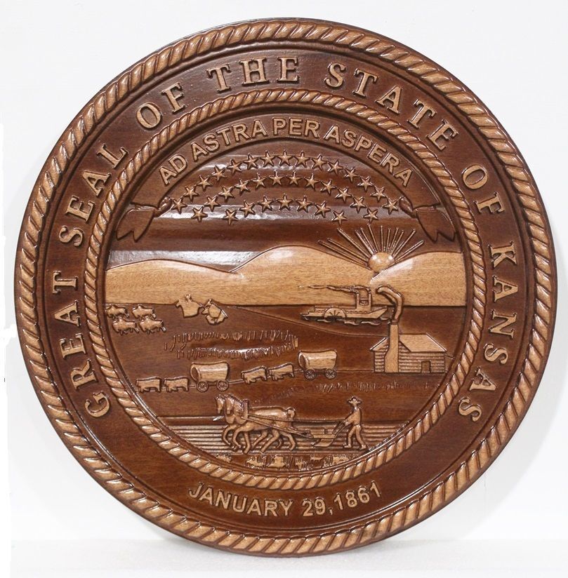 BP-1226A- Carved 3-D Mahogany Wood Plaque of the Great Seal of the State of Kansas