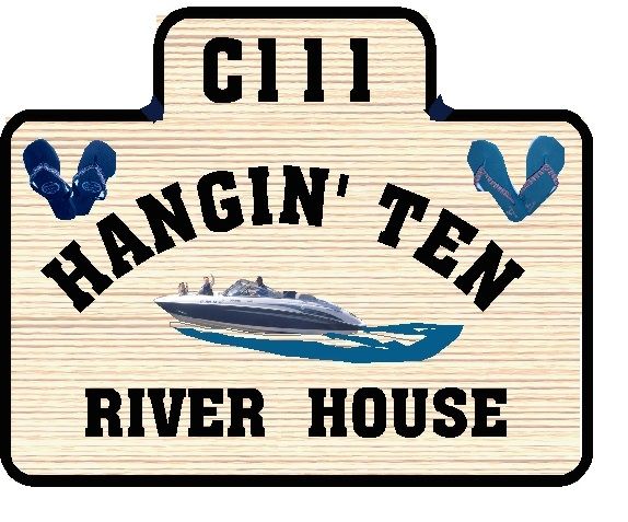 M22508 - Wood Grain, HDU River House Address Sign with Speedboat and Sandals