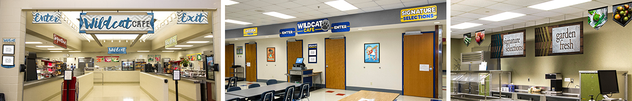 3 pictures of custom signs in school café, main line signs, food art, school lunch posters