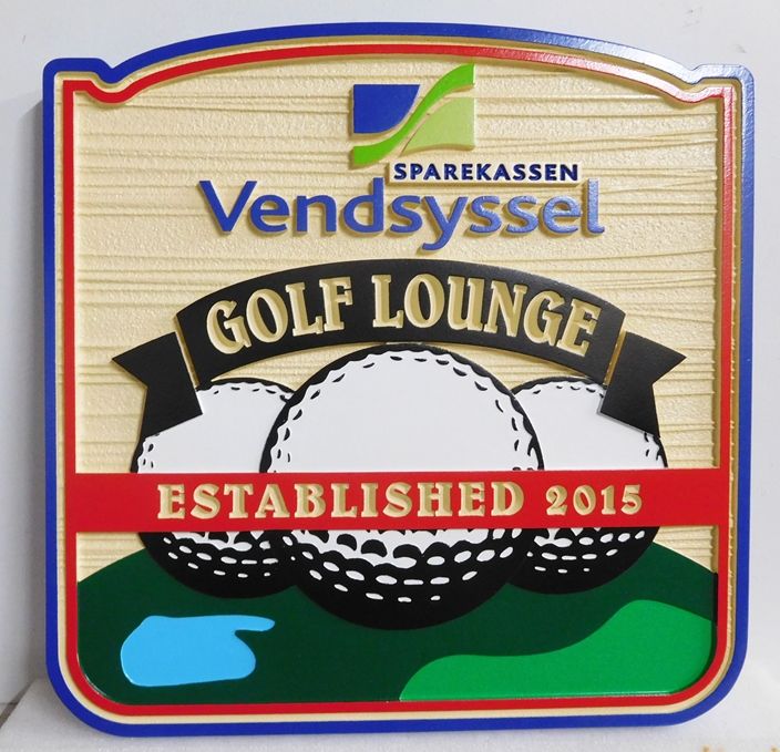 E14662 - Carved and Sandblasted Wood Grain Golf Lounge Wall Sign with Golf Ball Logo