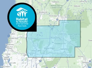 Map of East and Central Pasco County service area for Habitat for Humanity veteran roof replacement assistance program.