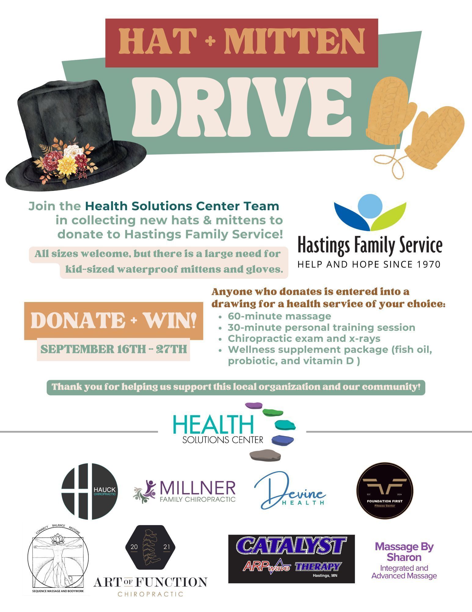 Flyer promoting Health Solution Centers hat and mitten drive. All sizes welcome but ther eis a large need for kid-sized waterproof mittens and gloves, donate to be entered into a drawing for a health service of your choice, read below for details.