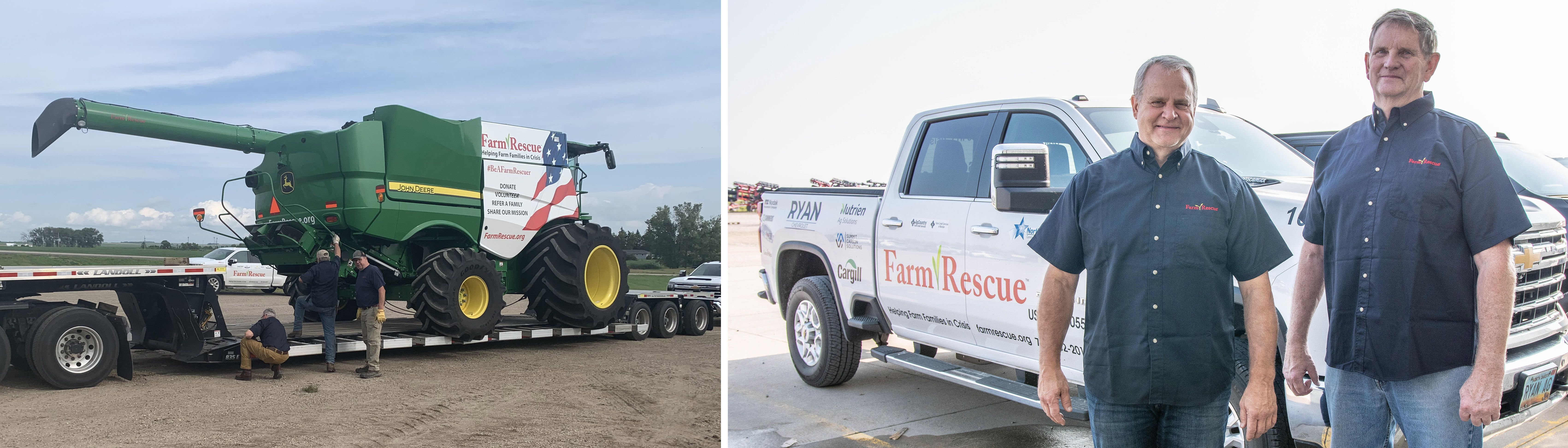 Farm Rescue combine loaded on trailer and two volunteers standing in front of a pickup