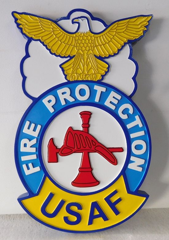 LP-7592 - Carved 2.5-D Multi-level Raised Relief HDU Plaque of the Crest of the US Air Force's Fire Protection Squadrons, Artist-Painted 